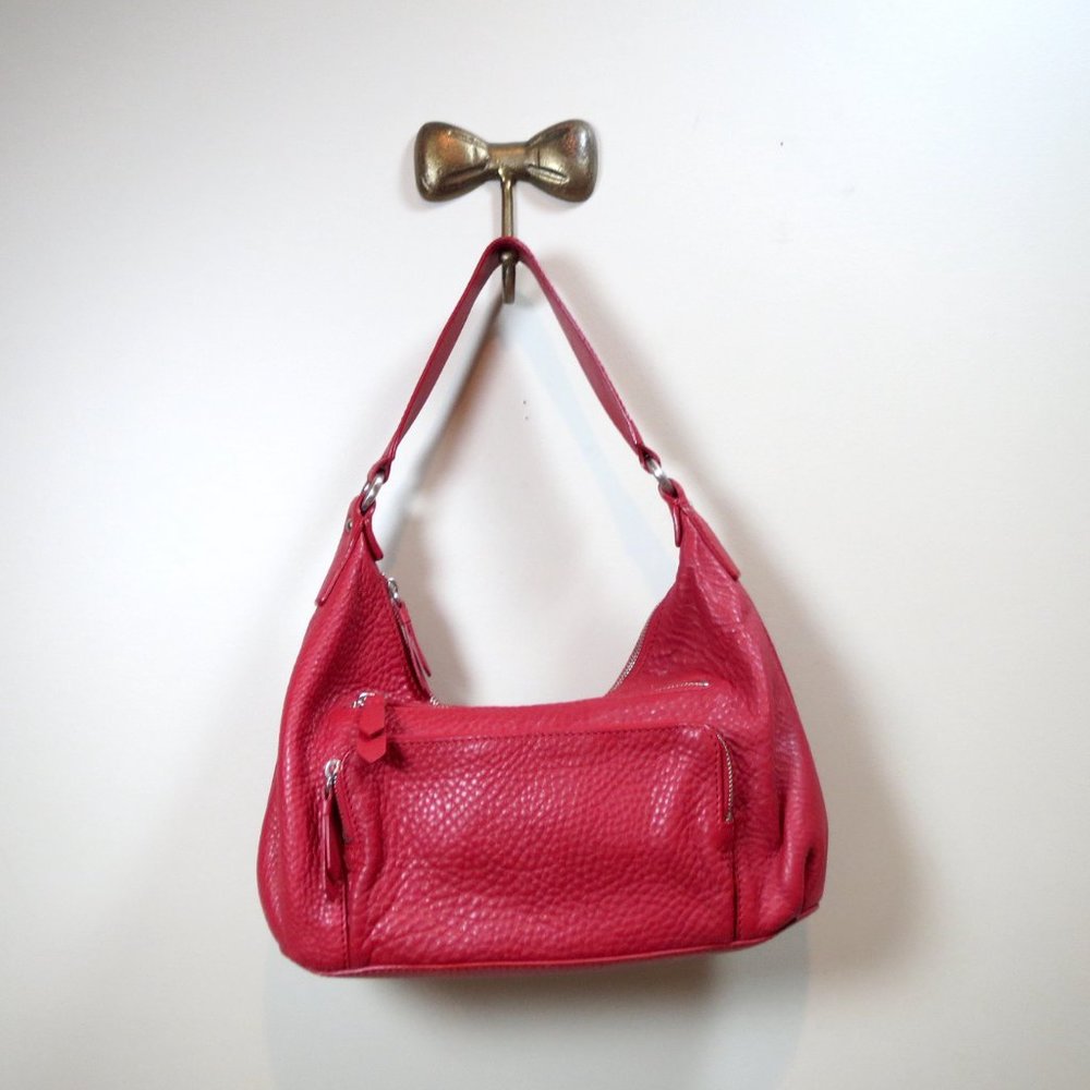 Cole Haan Red Pebbled Leather Hobo Shoulder Bag Slouch Purse Handbag - Picture 3 of 12